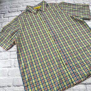 KingSize Mens 2XL Tall Short Sleeve Button Down Shirt Plaid Blue Yellow